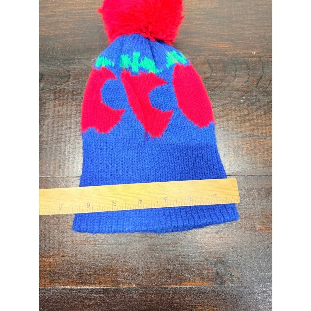 Kids Blue Knit Beanie with Red Pom Pom and‎ Apple Design winter Snow